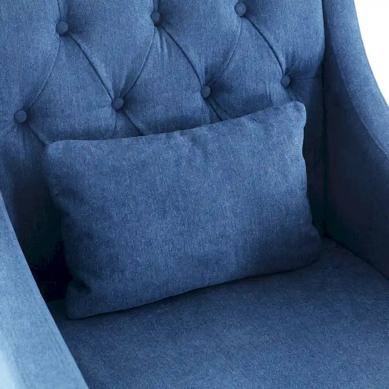 Fauteuil capitonné en coton et lin bleu / bleu sarcelle foncé / beige avec repose-pieds et structure en bois massif – Individuel