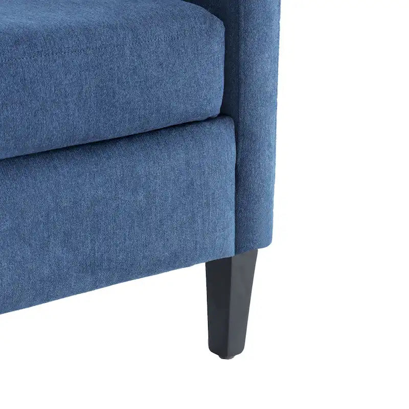 Fauteuil capitonné en coton et lin bleu / bleu sarcelle foncé / beige avec repose-pieds et structure en bois massif – Individuel