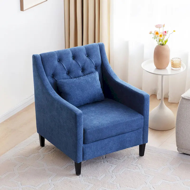 Fauteuil capitonné en coton et lin bleu / bleu sarcelle foncé / beige avec repose-pieds et structure en bois massif – Individuel