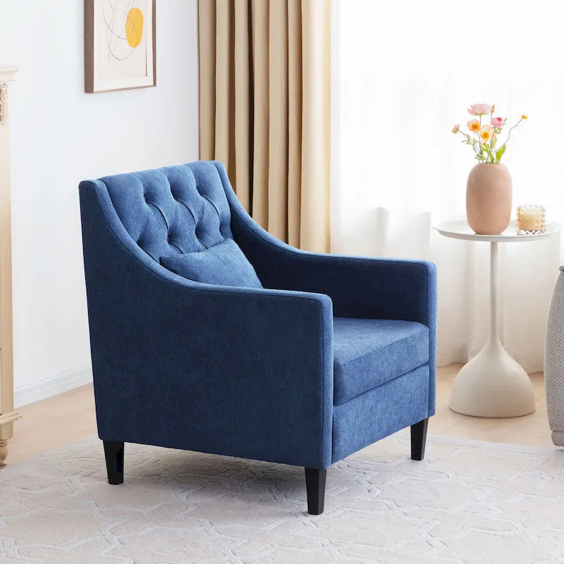 Fauteuil capitonné en coton et lin bleu / bleu sarcelle foncé / beige avec repose-pieds et structure en bois massif – Individuel