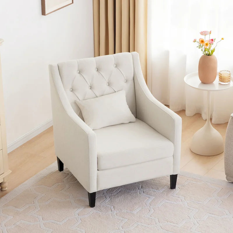 Fauteuil capitonné en coton et lin bleu / bleu sarcelle foncé / beige avec repose-pieds et structure en bois massif – Individuel