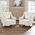 Fauteuil capitonné en coton et lin bleu / bleu sarcelle foncé / beige avec repose-pieds et structure en bois massif – Individuel