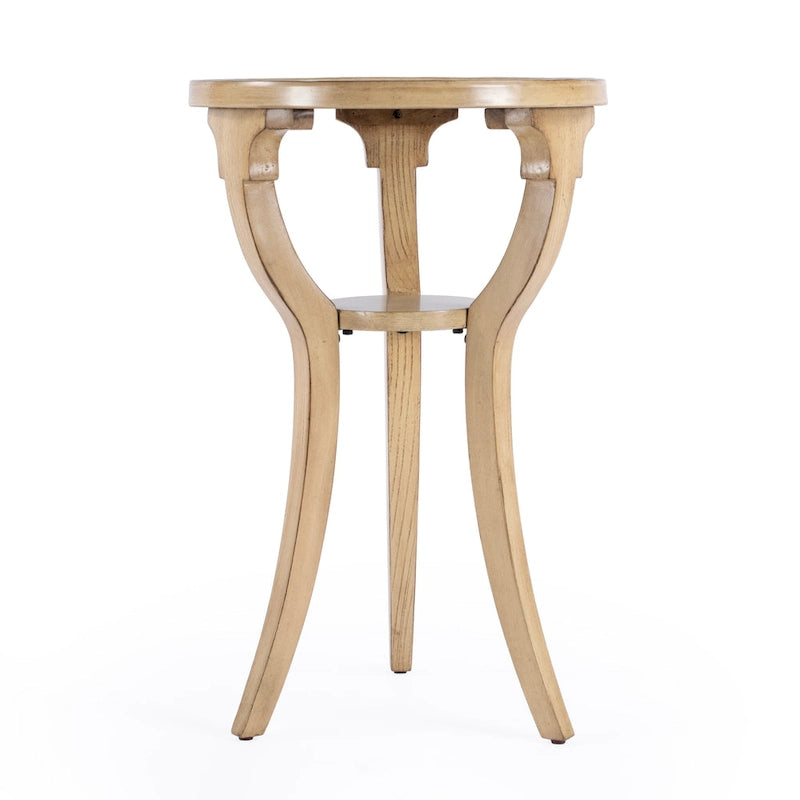 Table d'appoint ronde en bois naturel avec 3 pieds évasés et étagère inférieure – Unité