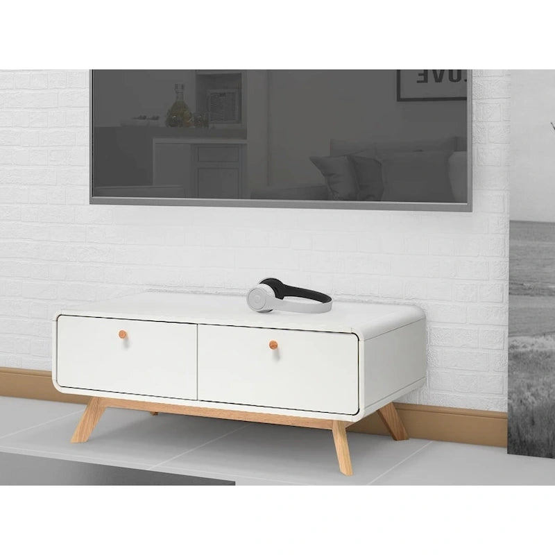 Meuble TV blanc de style Mid-Century avec 2 placards, étagères réglables et pieds évasés – Convient aux TV jusqu'à 60"