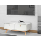 Meuble TV blanc de style Mid-Century avec 2 placards, étagères réglables et pieds évasés – Convient aux TV jusqu'à 60"