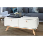 Meuble TV blanc de style Mid-Century avec 2 placards, étagères réglables et pieds évasés – Convient aux TV jusqu'à 60"