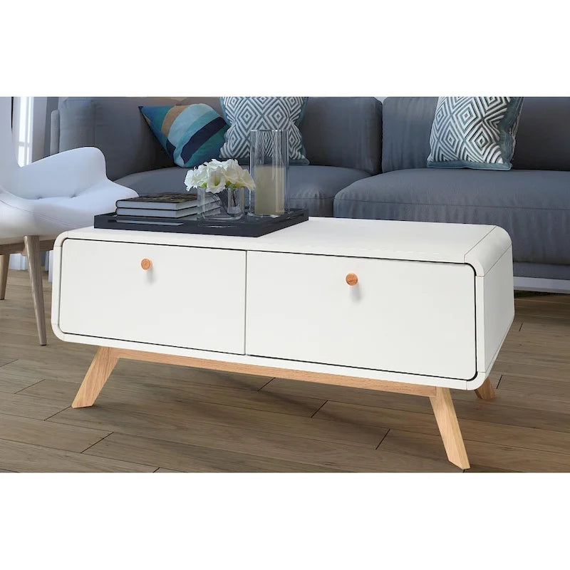 Meuble TV blanc de style Mid-Century avec 2 placards, étagères réglables et pieds évasés – Convient aux TV jusqu'à 60"