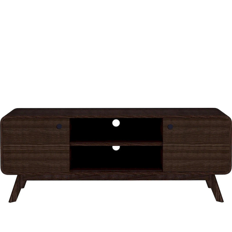Meuble TV blanc de style Mid-Century avec 2 placards, étagères réglables et pieds évasés – Convient aux TV jusqu'à 60"