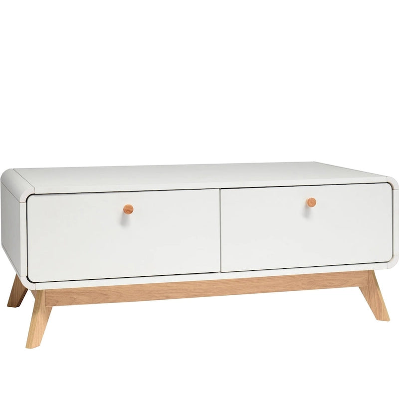 Meuble TV blanc de style Mid-Century avec 2 placards, étagères réglables et pieds évasés – Convient aux TV jusqu'à 60"