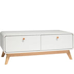 Meuble TV blanc de style Mid-Century avec 2 placards, étagères réglables et pieds évasés – Convient aux TV jusqu'à 60"