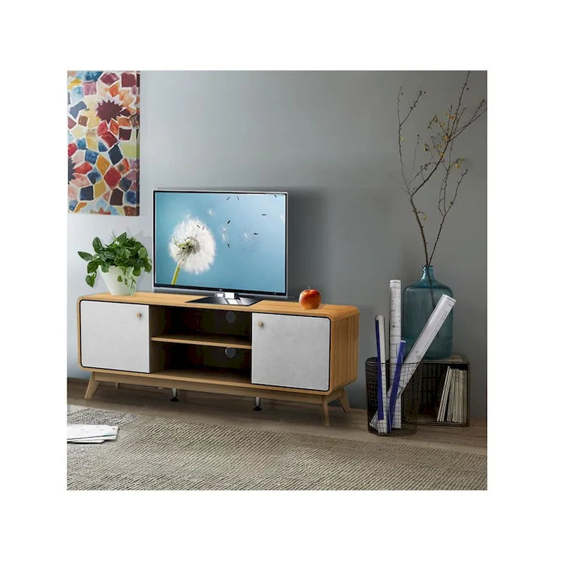 Meuble TV blanc de style Mid-Century avec 2 placards, étagères réglables et pieds évasés – Convient aux TV jusqu'à 60"