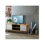 Meuble TV blanc de style Mid-Century avec 2 placards, étagères réglables et pieds évasés – Convient aux TV jusqu'à 60"