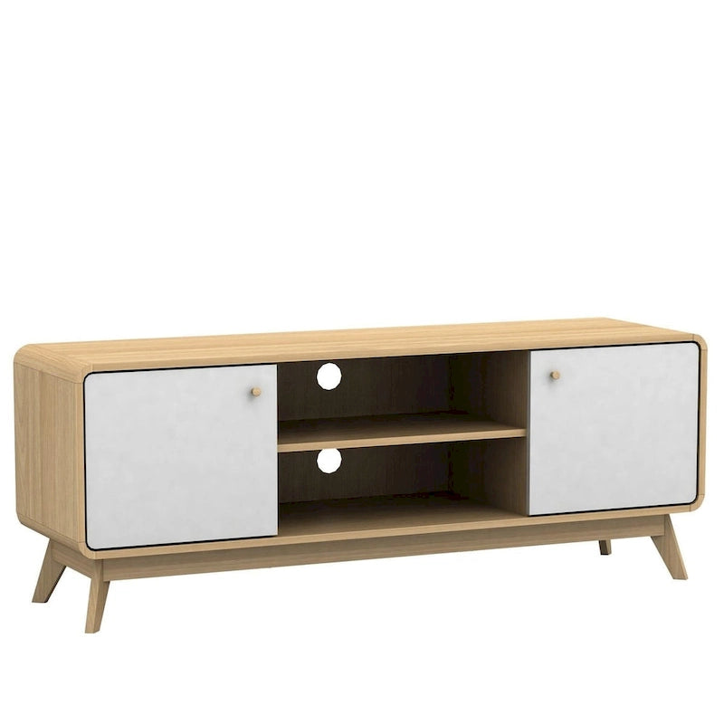 Meuble TV blanc de style Mid-Century avec 2 placards, étagères réglables et pieds évasés – Convient aux TV jusqu'à 60"