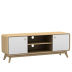 Meuble TV blanc de style Mid-Century avec 2 placards, étagères réglables et pieds évasés – Convient aux TV jusqu'à 60"