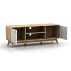 Meuble TV blanc de style Mid-Century avec 2 placards, étagères réglables et pieds évasés – Convient aux TV jusqu'à 60"