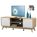 Meuble TV blanc de style Mid-Century avec 2 placards, étagères réglables et pieds évasés – Convient aux TV jusqu'à 60"