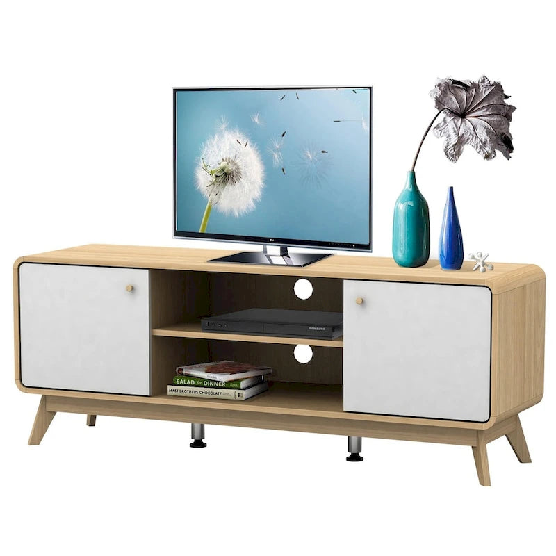 Meuble TV blanc de style Mid-Century avec 2 placards, étagères réglables et pieds évasés – Convient aux TV jusqu'à 60"