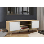 Meuble TV blanc de style Mid-Century avec 2 placards, étagères réglables et pieds évasés – Convient aux TV jusqu'à 60"