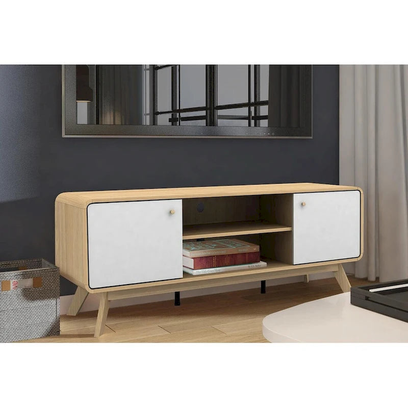 Meuble TV blanc de style Mid-Century avec 2 placards, étagères réglables et pieds évasés – Convient aux TV jusqu'à 60"