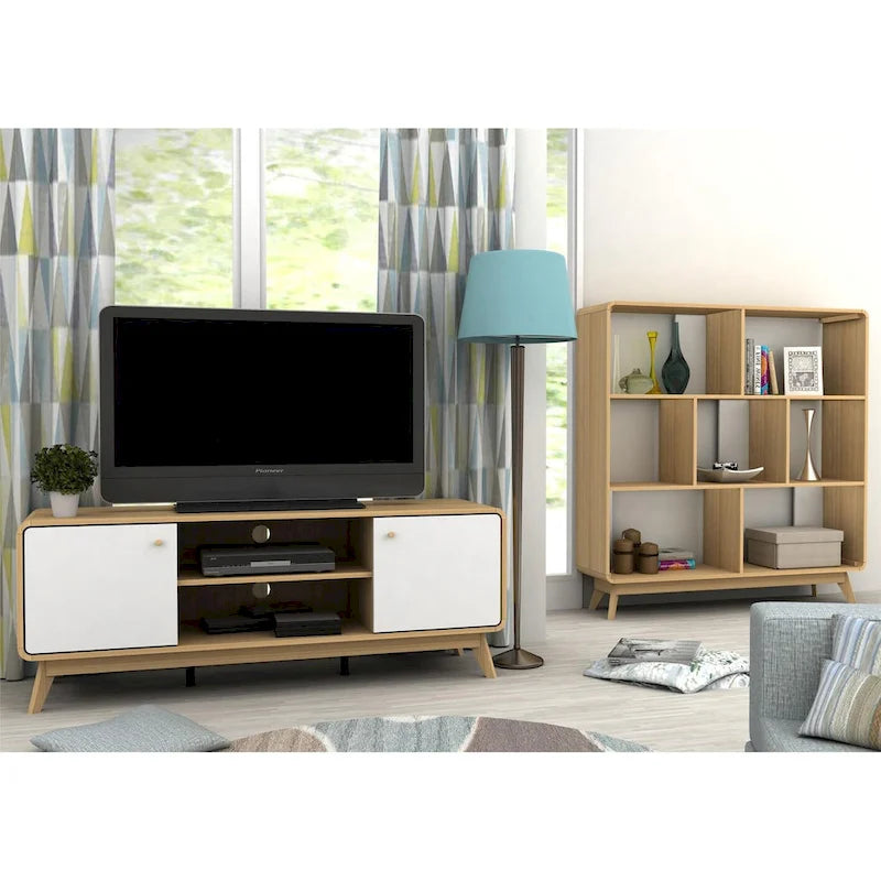 Meuble TV blanc de style Mid-Century avec 2 placards, étagères réglables et pieds évasés – Convient aux TV jusqu'à 60"