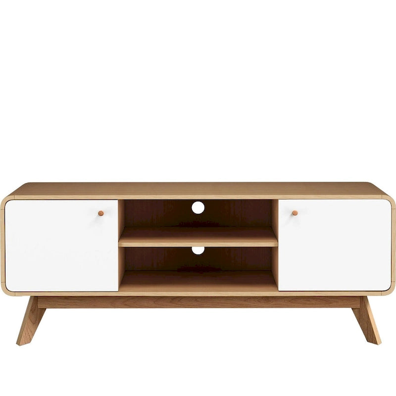 Meuble TV blanc de style Mid-Century avec 2 placards, étagères réglables et pieds évasés – Convient aux TV jusqu'à 60"