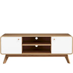 Meuble TV blanc de style Mid-Century avec 2 placards, étagères réglables et pieds évasés – Convient aux TV jusqu'à 60"