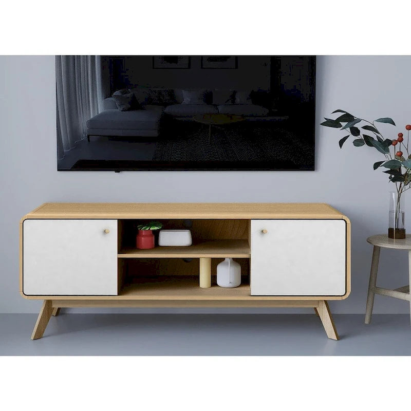 Meuble TV blanc de style Mid-Century avec 2 placards, étagères réglables et pieds évasés – Convient aux TV jusqu'à 60"