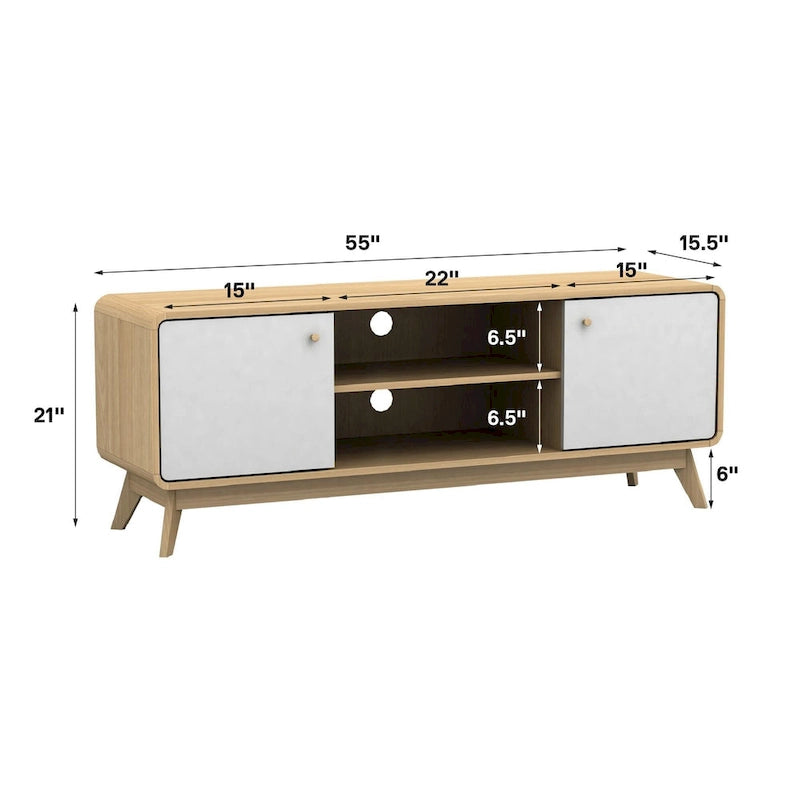Meuble TV blanc de style Mid-Century avec 2 placards, étagères réglables et pieds évasés – Convient aux TV jusqu'à 60"