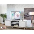 Meuble TV blanc de style Mid-Century avec 2 placards, étagères réglables et pieds évasés – Convient aux TV jusqu'à 60"