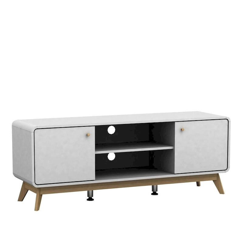 Meuble TV blanc de style Mid-Century avec 2 placards, étagères réglables et pieds évasés – Convient aux TV jusqu'à 60"
