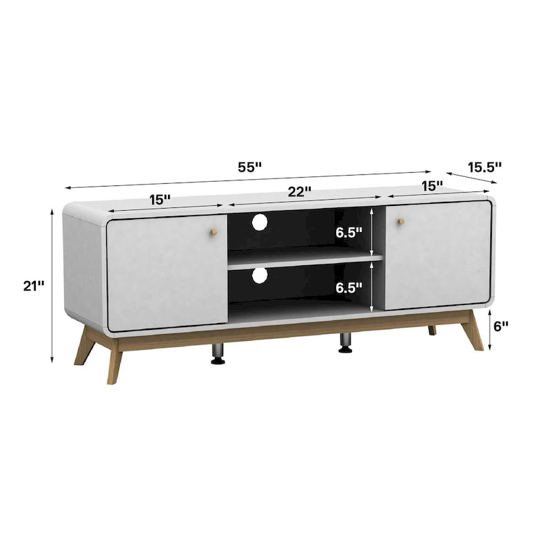 Meuble TV blanc de style Mid-Century avec 2 placards, étagères réglables et pieds évasés – Convient aux TV jusqu'à 60"