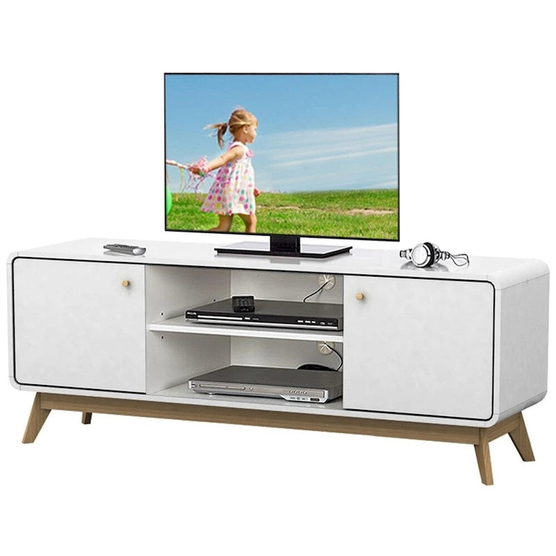 Meuble TV blanc de style Mid-Century avec 2 placards, étagères réglables et pieds évasés – Convient aux TV jusqu'à 60"