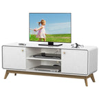 Meuble TV blanc de style Mid-Century avec 2 placards, étagères réglables et pieds évasés – Convient aux TV jusqu'à 60"