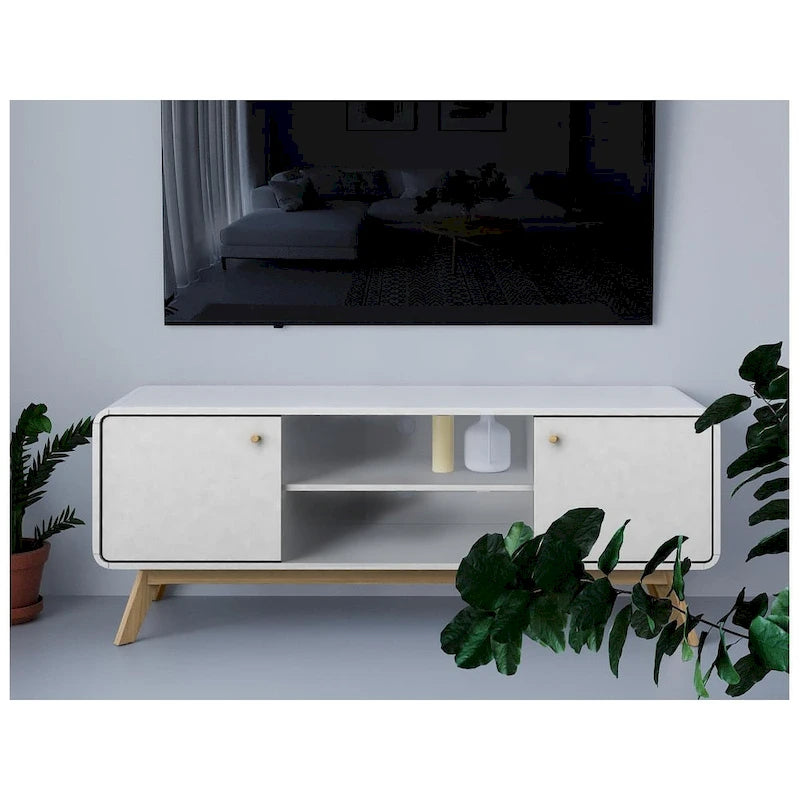 Meuble TV blanc de style Mid-Century avec 2 placards, étagères réglables et pieds évasés – Convient aux TV jusqu'à 60"