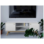 Meuble TV blanc de style Mid-Century avec 2 placards, étagères réglables et pieds évasés – Convient aux TV jusqu'à 60"
