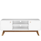 Meuble TV blanc de style Mid-Century avec 2 placards, étagères réglables et pieds évasés – Convient aux TV jusqu'à 60"