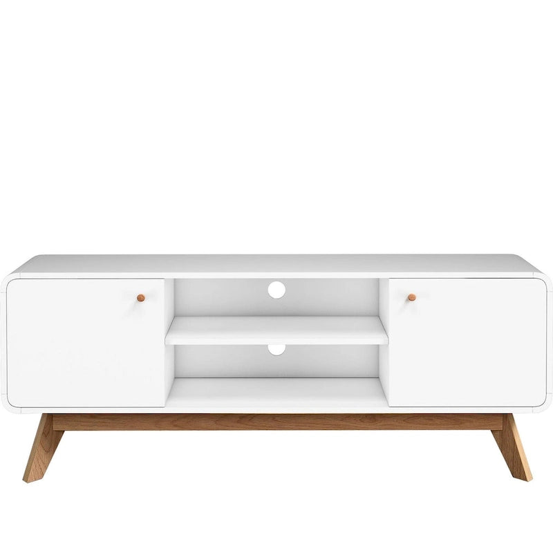Meuble TV blanc de style Mid-Century avec 2 placards, étagères réglables et pieds évasés – Convient aux TV jusqu'à 60"