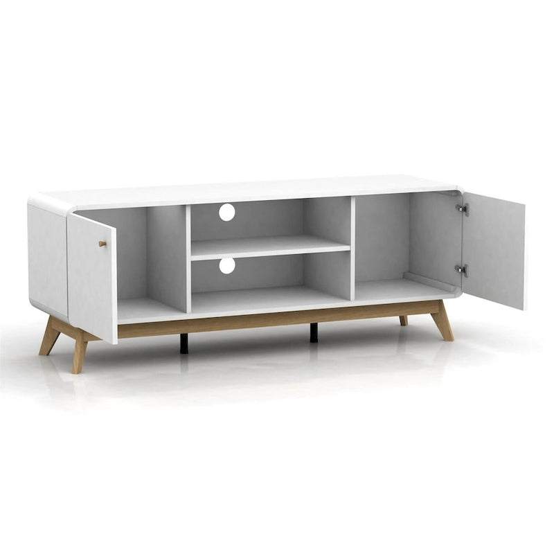Meuble TV blanc de style Mid-Century avec 2 placards, étagères réglables et pieds évasés – Convient aux TV jusqu'à 60"