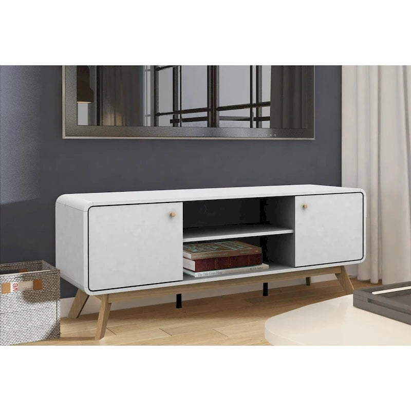 Meuble TV blanc de style Mid-Century avec 2 placards, étagères réglables et pieds évasés – Convient aux TV jusqu'à 60"