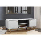 Meuble TV blanc de style Mid-Century avec 2 placards, étagères réglables et pieds évasés – Convient aux TV jusqu'à 60"