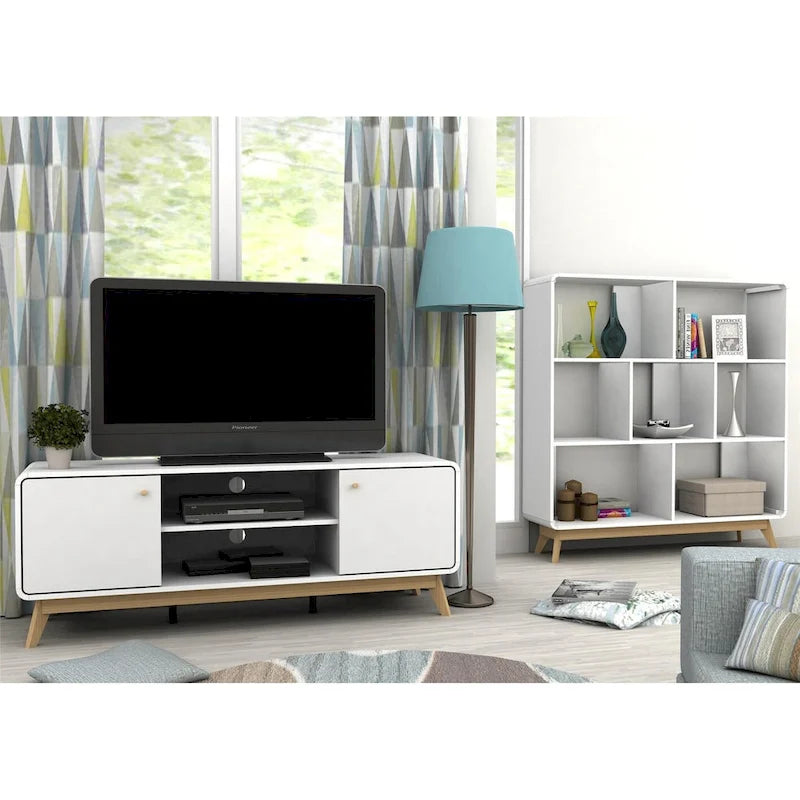 Meuble TV blanc de style Mid-Century avec 2 placards, étagères réglables et pieds évasés – Convient aux TV jusqu'à 60"