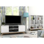 Meuble TV blanc de style Mid-Century avec 2 placards, étagères réglables et pieds évasés – Convient aux TV jusqu'à 60"