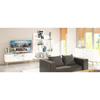 Meuble TV blanc de style Mid-Century avec 2 placards, étagères réglables et pieds évasés – Convient aux TV jusqu'à 60"