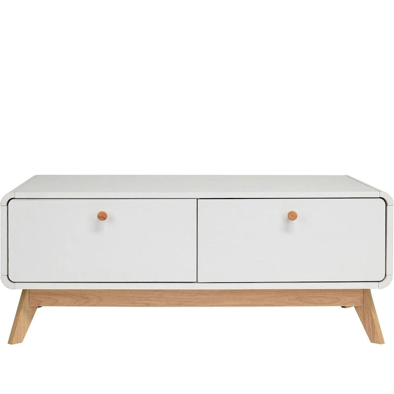 Meuble TV blanc de style Mid-Century avec 2 placards, étagères réglables et pieds évasés – Convient aux TV jusqu'à 60"