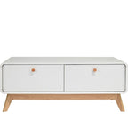 Meuble TV blanc de style Mid-Century avec 2 placards, étagères réglables et pieds évasés – Convient aux TV jusqu'à 60"