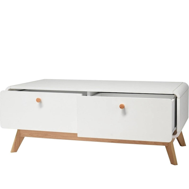 Meuble TV blanc de style Mid-Century avec 2 placards, étagères réglables et pieds évasés – Convient aux TV jusqu'à 60"