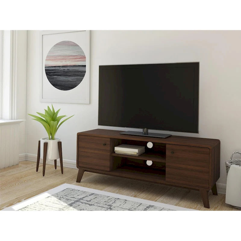 Meuble TV blanc de style Mid-Century avec 2 placards, étagères réglables et pieds évasés – Convient aux TV jusqu'à 60"