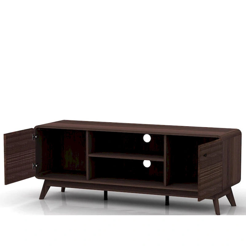 Meuble TV blanc de style Mid-Century avec 2 placards, étagères réglables et pieds évasés – Convient aux TV jusqu'à 60"