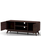 Meuble TV blanc de style Mid-Century avec 2 placards, étagères réglables et pieds évasés – Convient aux TV jusqu'à 60"