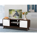 Meuble TV blanc de style Mid-Century avec 2 placards, étagères réglables et pieds évasés – Convient aux TV jusqu'à 60"